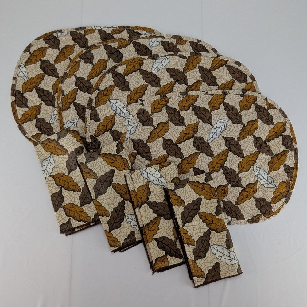 Vintage Bloomcraft Table Treasures Placemats Napkins Set of 4 Brown Leaves Cloth
